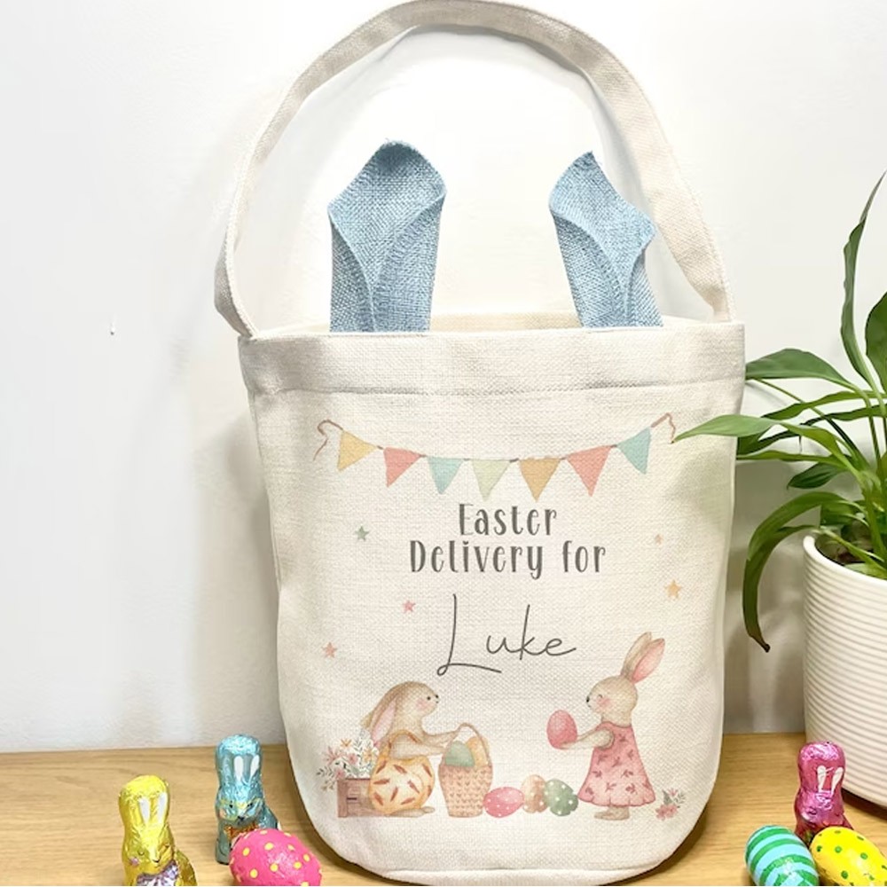 Personalized Keepsake Easter Bag, Easter Basket, Rustic Linen Easter Gift, Easter Bunny Decoration