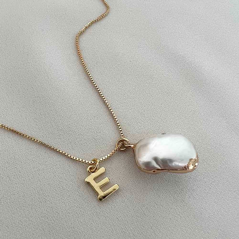 Ice Blue White Baroque Pearl Letter Necklace, Gold Plated Irregular Large Pearl, Personalized Custom Gold Plated Initial Alphabet Necklace