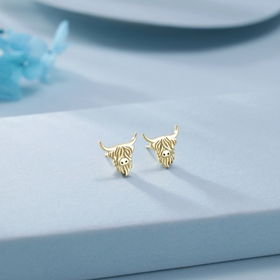 Ohrstecker Highland Cow aus Sterlingsilber, Bullenohrringe aus Silber oder Gold, Kuhohrringe, schottisches Design