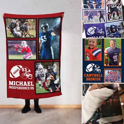 Custom Photo Football Stadium Blanket, Personalized Name, Number, Color Sports, End of Year Senior Gift Award, Spirit Wear, Memory S17