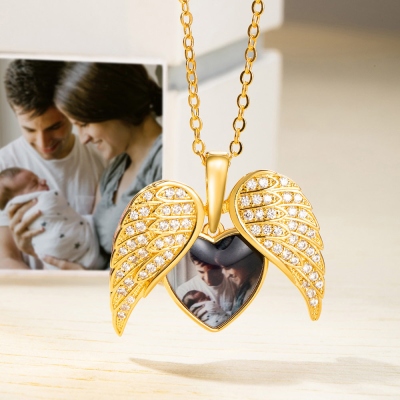 Custom CZ Heart Shape Angel Wing Necklace with Photo, Heart Picture Pendant Necklace, Angel Wings Memorial Valentines Birthday Gift, Gifts for Women