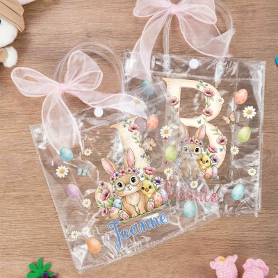 Personalisierte Ostergeschenktasche mit Namen, Blumenmuster, Hasenmotiv und rosa Schleife, durchsichtige PVC-Ostereiersuche-Tasche, Ostergeschenk für Kinder/Mädchen/Jungen