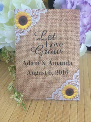 Personalized seed packet wedding favors with Sunflower Burlap and lace