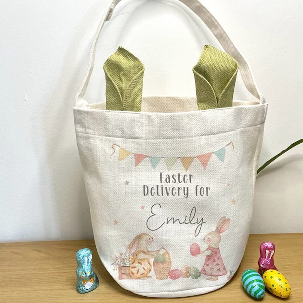 Personalized Keepsake Easter Bag, Easter Basket, Rustic Linen Easter Gift, Easter Bunny Decoration