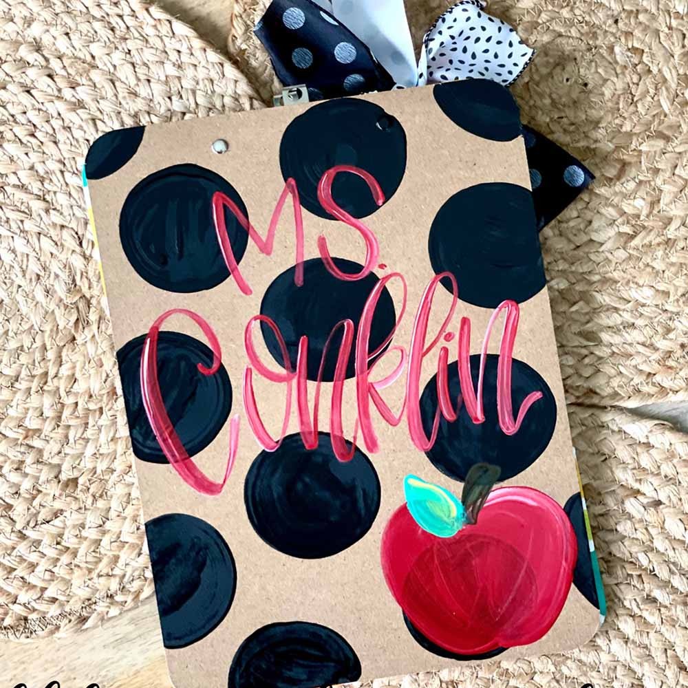 Personalized Teacher Clipboard with Bow Ribbon, Apple, Pencil, Hand Lettering and Drawing, Back to School Gift