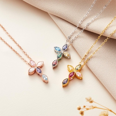 Personalized Birthstone Cross Necklace, Sterling Silver Cross Necklace for Women, Birthstone Jewelry, Baptism/Christening/First Communion Gift for Her