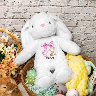 Poupée lapin personnalisée avec nœud rose et nom, peluche douce en forme de lapin, souvenir, décoration de Pâques, cadeau d'anniversaire/de Pâques pour enfants/filles