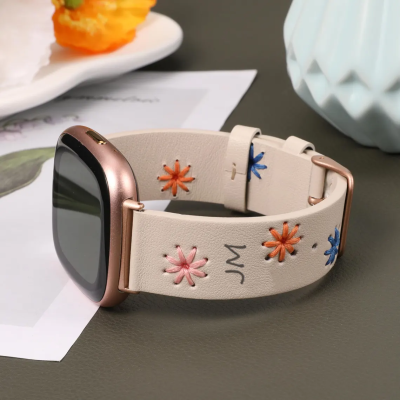 🎁Buy 2 FREE SHIPPING🎁 Personalized Handmade Leather Fitbit Sense Band/Apple Watch Band, Women's Band, Daisy Floral Pattern, Customizable Boho Band