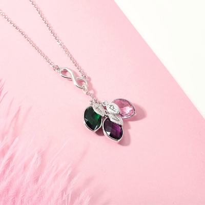 Personalized Family Birthstone Necklace with Initial Leaves in Silver