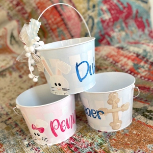 Personalized white metal Easter bucket gingham stripe polka dot bunny cross