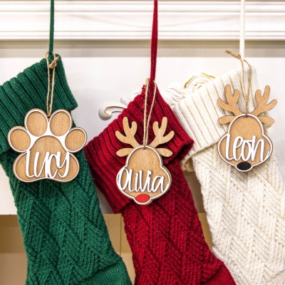Personalized Christmas Decor Stockings Tags, Wooden Reindeer / Paw Ornaments for Hanging Stockings, Name Tags for Stocking Accessories Tree Decor