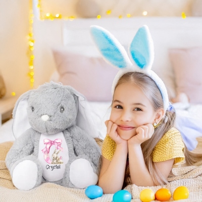 Poupée lapin personnalisée avec nœud rose et nom, peluche douce en forme de lapin, souvenir, décoration de Pâques, cadeau d'anniversaire/de Pâques pour enfants/filles