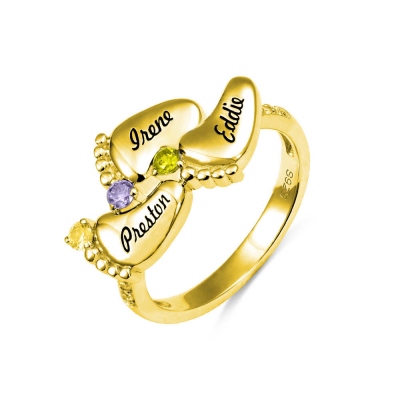 Engraved 1-4 Names Baby Feet Ring with Birthstone