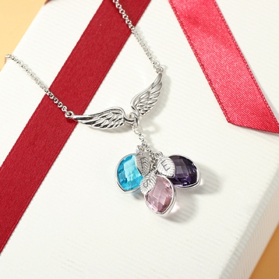 Personalized Family Birthstone Necklace with Initial Leaves in Silver