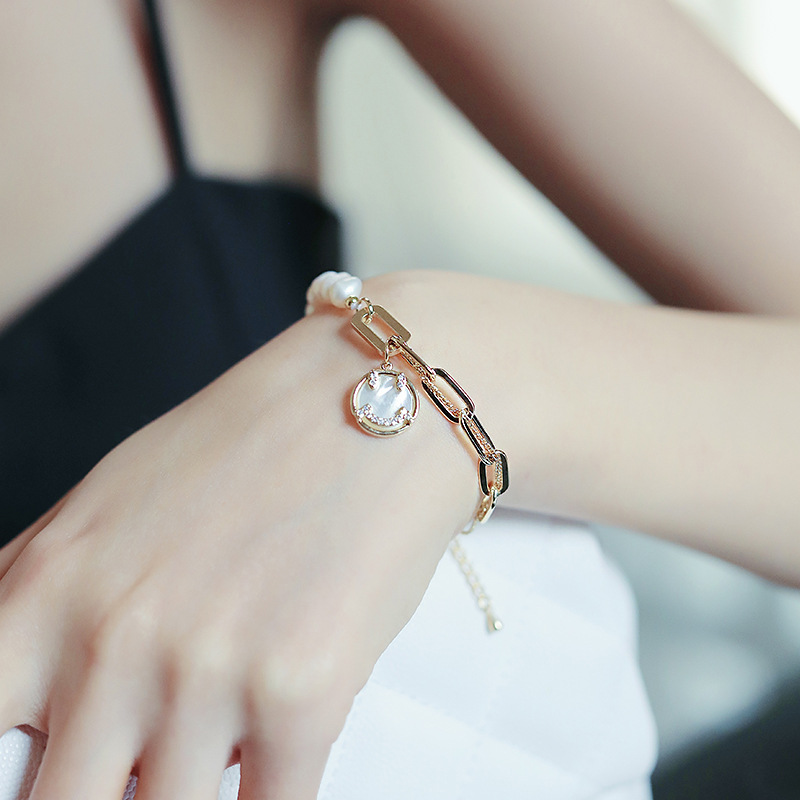Personalized Initial Half Shell Pearl Half Paperclip Bracelet | Hand Stamped Bracelet | Dainty Gold Monogram Bracelet | Bridesmaid Bracelet