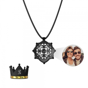 Personalized matching couple projection necklace, King and Queen crown, Gift for him for her