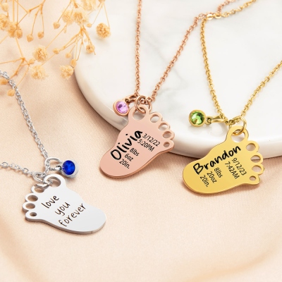 Personalized Engraved Baby Birth Stats Footprint Necklace with Birthstone, Newborn Birth Announcement Baby Shower Gift, Mother's Day Gift for New Mom