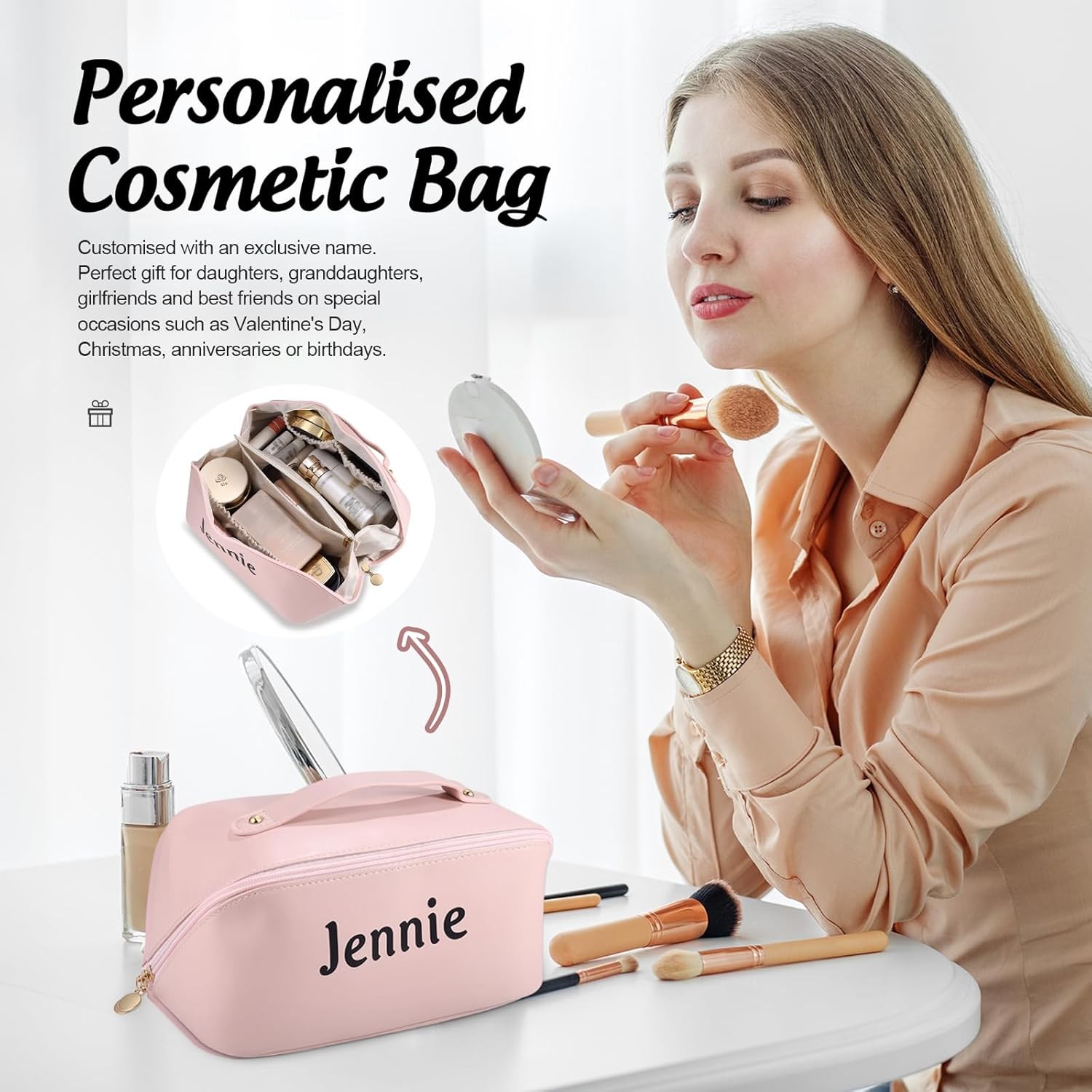 📢50% OFF❗❗Personalized Leather Makeup Bag with Birth Flower –Large Capacity, Customized for Bridesmaids! Personalize with Name - Ideal Gift for Her