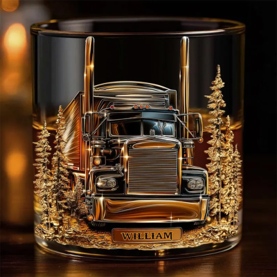 🎁 Personalized Truck Whiskey Glass Gold, Whiskey Glass For Trucker Drivers, Retro Barware Decorations, Cars Glass Cup For Him
