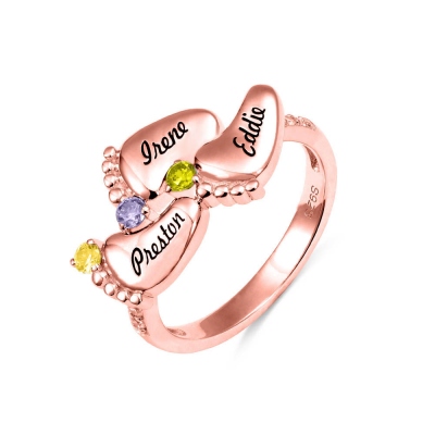 Engraved 1-4 Names Baby Feet Ring with Birthstone