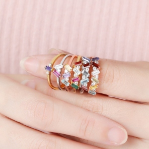 Stackable Baguette Birthstone Ring Up to 6 Birthstones Gift For Her