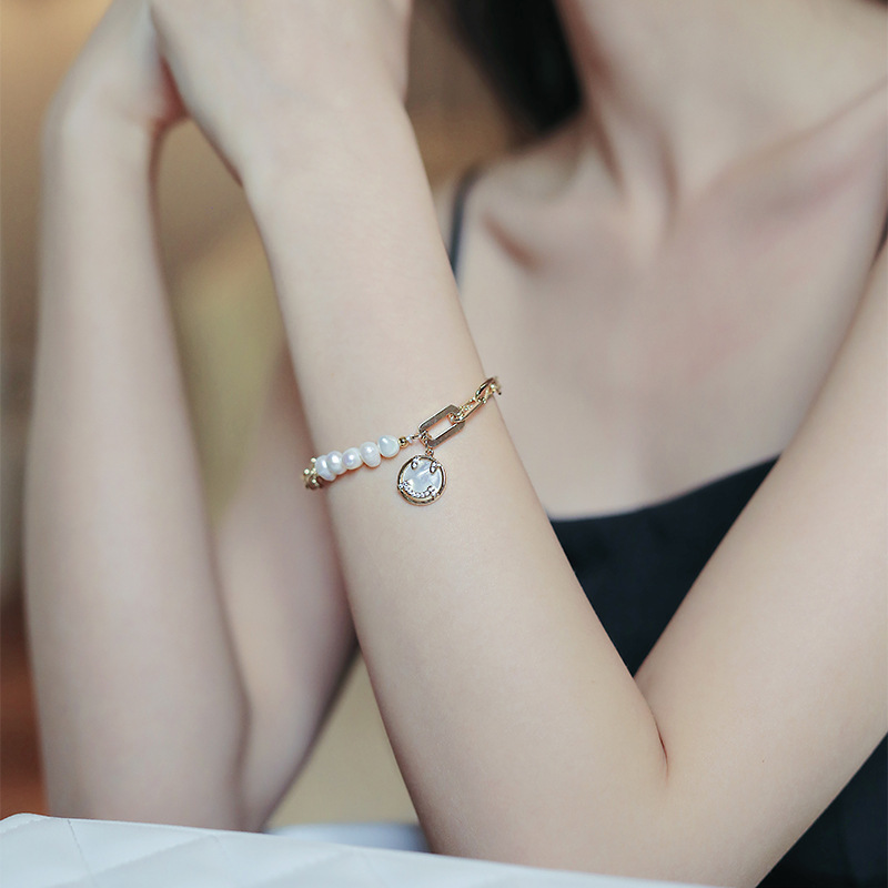 Personalized Initial Half Shell Pearl Half Paperclip Bracelet | Hand Stamped Bracelet | Dainty Gold Monogram Bracelet | Bridesmaid Bracelet