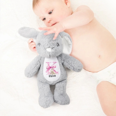 Personalized Pink Bow Initial Bunny Doll Toy with Name, Soft Plush Rabbit Stuffed Animal Keepsake, Easter Decor, Birthday/Easter Gift for Kids/Girls