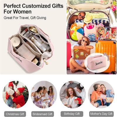📢50% OFF❗❗Personalized Leather Makeup Bag with Birth Flower –Large Capacity, Customized for Bridesmaids! Personalize with Name - Ideal Gift for Her