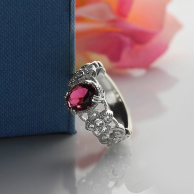 Gorgeous Birthstone Engraved Mantilla Oval Silver Name Ring