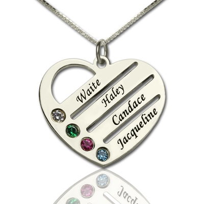 Unique Personalized Mother's Heart with 4 Birthstones & Names Necklace