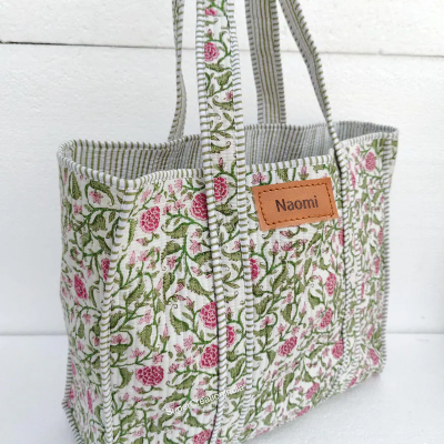 ✨Free Personalization Name✨ Personalized Quilted Cotton Tote Bag, Large Floral Print Shopping Bag