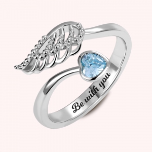 Personalized Angel Wing Ring with Birthstone Feather Ring Sterling Silver 925