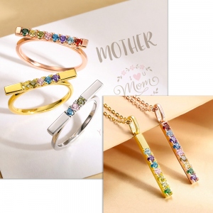 Gifts for Mom Family Birthstones Bar Ring and Necklace Set