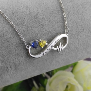 Heartbeat Infinity Necklace with Birthstones and Custom Engraving