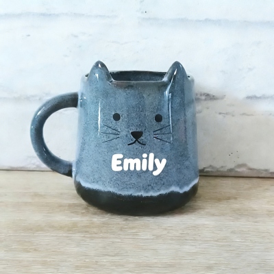 Personalized Blue Black Cat Glazed Mojave Stoneware Mug, Tea Coffee Cup, Kitchen Drinkware Gift, Boho Stone Present Kitten Pet Parent Lover