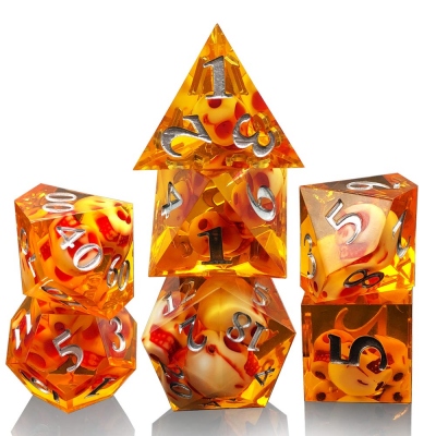 Skull Orange Sharp Edge Resin Dice, Skull Inside DND Dice Set, Polyhedral Dice Set, Sharp Edge Dice, Orange Dice, Skull Dice Set, DND Gifts