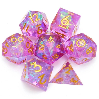 Fantastic Purple Arcane Dice - Gold Foil Resin Sharp Edge Dice, Cool DND Dice Set, Fantasy Purple Dice, Gold Foil Resin Dice, Pink Dice, DND Gifts