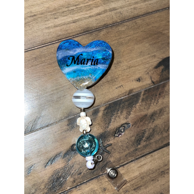 🎁BUY 2 FREE SHIPPING🎁 Ocean Heart Nurse Badge Reel, Beach Retractable Beaded Badge Buddy, Cute Sea ID Holder, Nautical Handmade Medical Accessories, Lake Gift