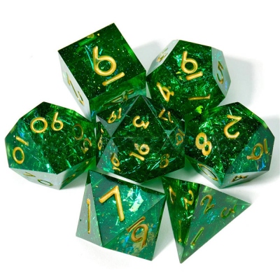 Green Dazzling Gold Foil Resin Dice, Ranger Dice, DND Dice Set, Gold Green Dice, Polyhedral Dice Set, Sharp Edged Transparent Dice, DND Gifts