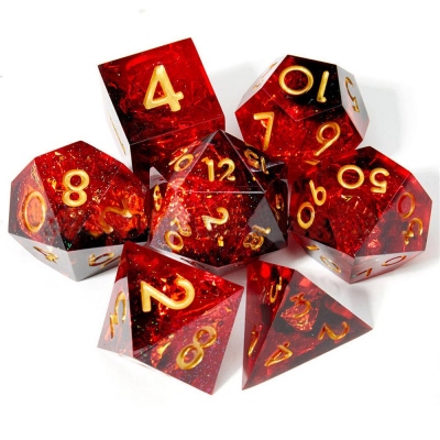 Galactic Embers-Holographic Gold Foil Resin Sharp Edge DND Dice Set, Polyhedral Dice, Red Dice, Resin Dice, Sharp Edge Dice, Galaxy Dice, Sparkly Dice