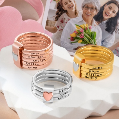 Personalized Engraved 2-5 Names Stacking Rings with Heart, Rustic Sterling Silver Ring, Mother's Day/Birthday/Anniversary Gift for Women