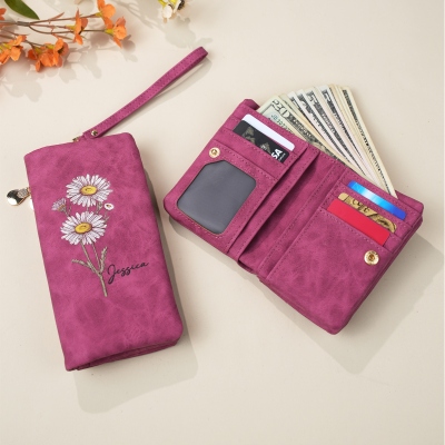 Personalized Watercolor Birth Flower Wallet for Woman, Custom Name Leather Card Holder with Wrist Strap, Birthday/Christmas Gift for Mom/Grandmom/Wife