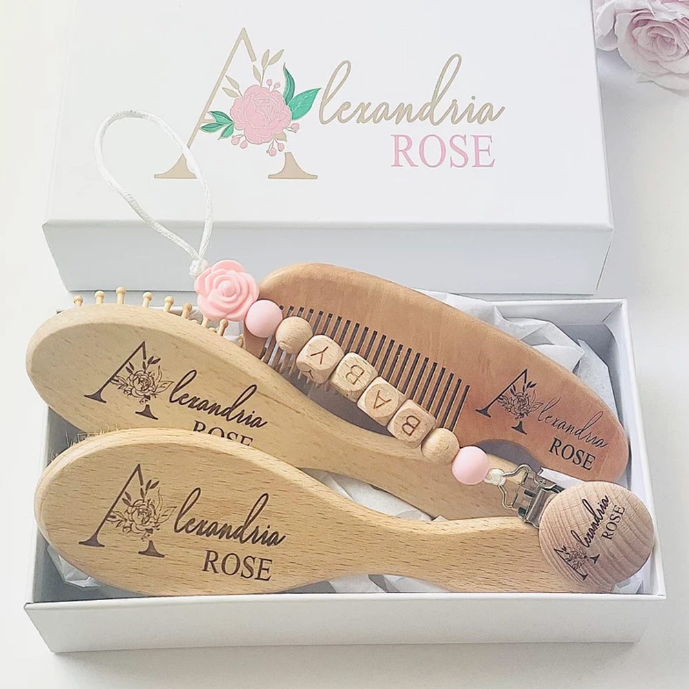 Personalized New Born Baby Gift Set with Custom Name, Baby Hair Brush Comb, Baby Pacifier Clip, Baby Blanket, Newborns Shower Gift for New Mom