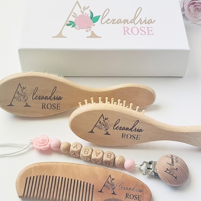 Personalized New Born Baby Gift Set with Custom Name, Baby Hair Brush Comb, Baby Pacifier Clip, Baby Blanket, Newborns Shower Gift for New Mom