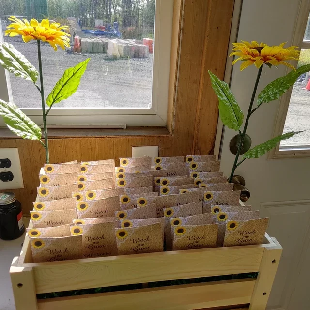 Personalized seed packet wedding favors with Sunflower Burlap and lace