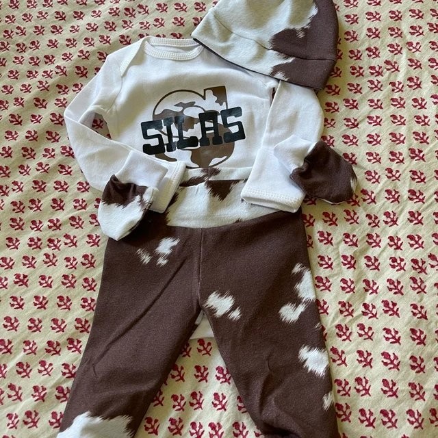 Country Boy Personalized Coming Home Outfit, Cow Hide Country Baby Boy Outfit, Newborn Outfit, Baby Shower Gift, Boy Layette, Little Cowboy