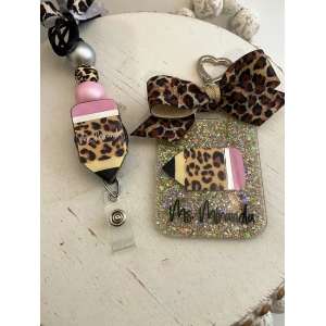 Lanyard and bag tag set, leopard print, school staff gift, break away lanyard, briefcase tag