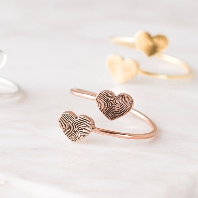 Double Heart Fingerprint Ring, Custom Fingerprint Ring, Personalized Fingerprint Jewelry, Wrap Coil Ring, Loss Memorial Gift