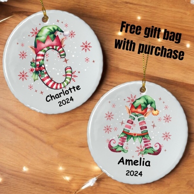 Personalized Elf Initial Ornament - Wavy Edge Ceramic Christmas Decoration - Custom Letter Hanging Tree Decor For Gift Exchange, Him, Her