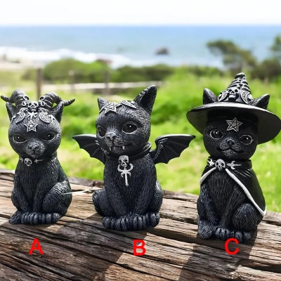 Mysterious Black Cat Statue - Witch Cat Doll | Cute Halloween Tabletop Decoration | Witchy Home Decor | Spooky Cat Ornament Gift Idea